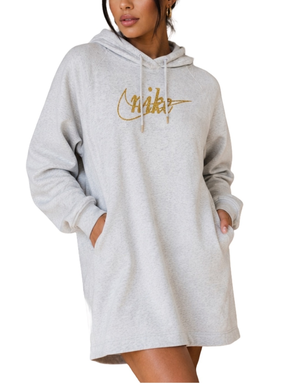 Nike Hoodie Dress Small Heather Gray Gold Glitter Script Logo Longline NWOT